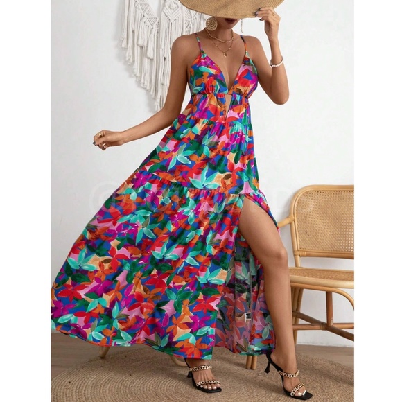 Tropical Floral Multicolor Maxi Cami Cut Out Criss Cross Straps Dress Babydoll - Picture 6 of 7